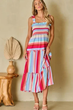 Clearance Dear-Lover Ruffled Straps Smocked Tiered Long Dress Red Stripe