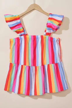 Online Dear-Lover Ruffled Straps Babydoll Tank Top Red Stripe