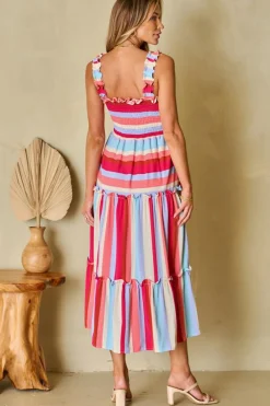 Clearance Dear-Lover Ruffled Straps Smocked Tiered Long Dress Red Stripe