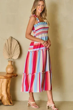 Clearance Dear-Lover Ruffled Straps Smocked Tiered Long Dress Red Stripe