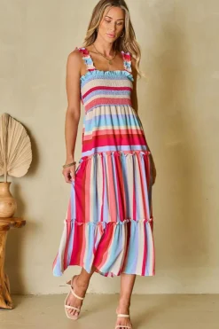 Clearance Dear-Lover Ruffled Straps Smocked Tiered Long Dress Red Stripe