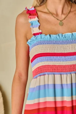 Clearance Dear-Lover Ruffled Straps Smocked Tiered Long Dress Red Stripe