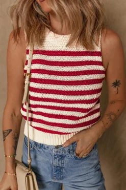 Sale Dear-Lover Textured Knit Ribbed Hem Sweater Tank Top Red Stripe