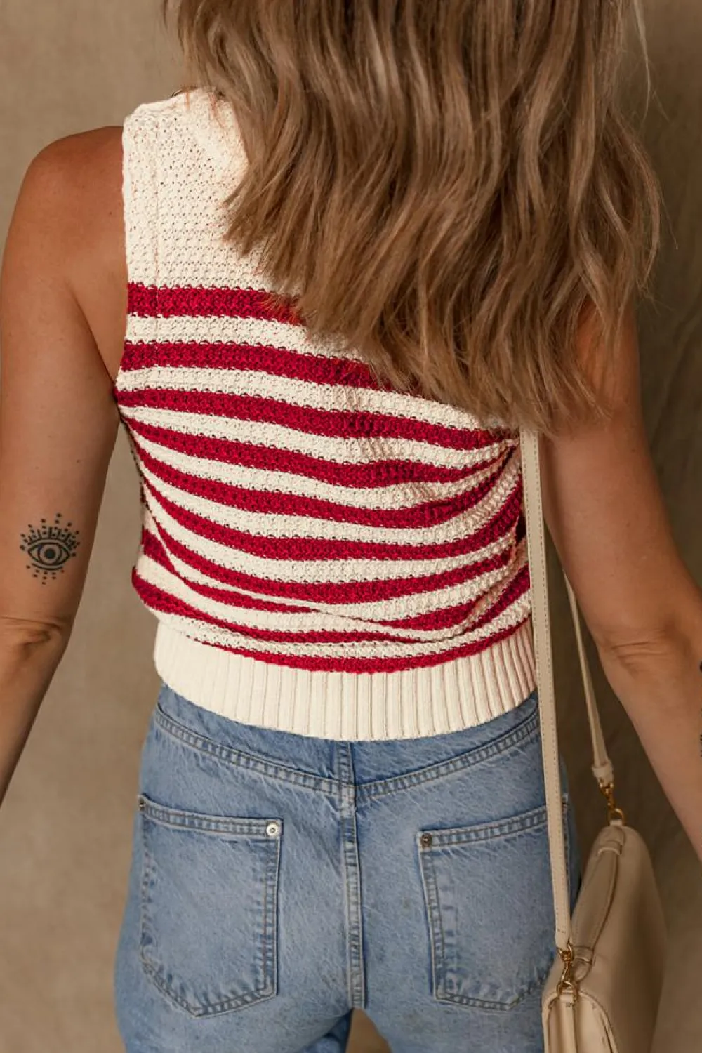 Sale Dear-Lover Textured Knit Ribbed Hem Sweater Tank Top Red Stripe