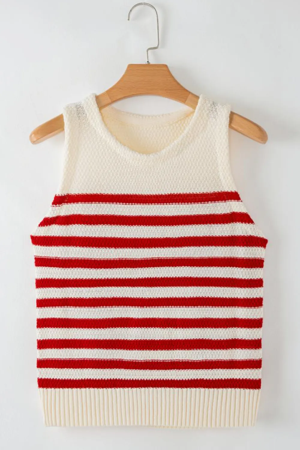 Sale Dear-Lover Textured Knit Ribbed Hem Sweater Tank Top Red Stripe