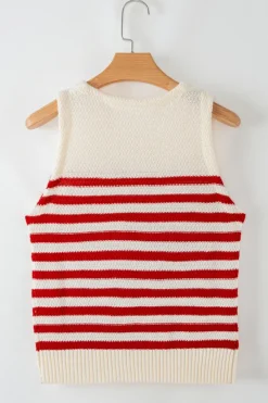 Sale Dear-Lover Textured Knit Ribbed Hem Sweater Tank Top Red Stripe