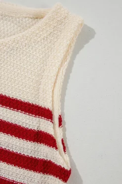 Sale Dear-Lover Textured Knit Ribbed Hem Sweater Tank Top Red Stripe