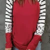 Discount Dear-Lover Red Striped Animal Print Colorblock Long Sleeve Top Fiery Red