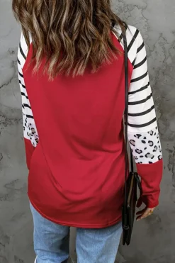 Discount Dear-Lover Red Striped Animal Print Colorblock Long Sleeve Top Fiery Red