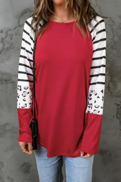 Discount Dear-Lover Red Striped Animal Print Colorblock Long Sleeve Top Fiery Red