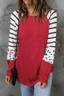 Discount Dear-Lover Red Striped Animal Print Colorblock Long Sleeve Top Fiery Red