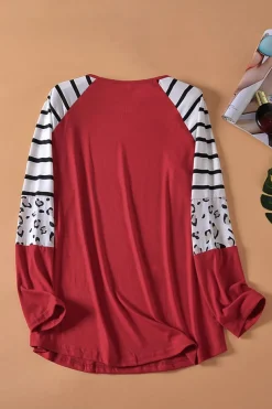 Discount Dear-Lover Red Striped Animal Print Colorblock Long Sleeve Top Fiery Red