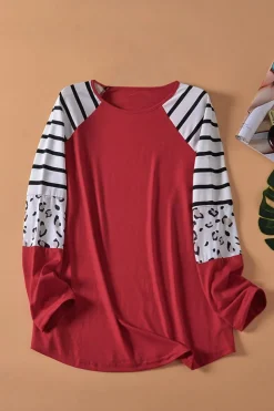Discount Dear-Lover Red Striped Animal Print Colorblock Long Sleeve Top Fiery Red