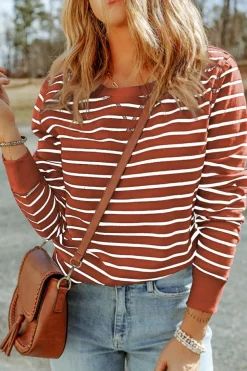 Sale Dear-Lover Red Striped Print Ribbed Trim Long Sleeve Top Fiery Red