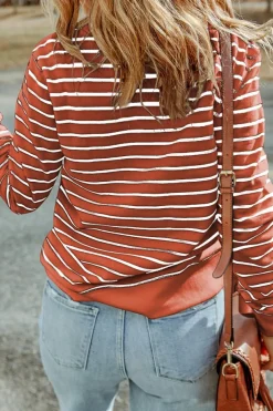 Sale Dear-Lover Red Striped Print Ribbed Trim Long Sleeve Top Fiery Red