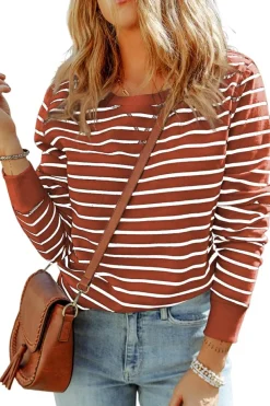 Sale Dear-Lover Red Striped Print Ribbed Trim Long Sleeve Top Fiery Red