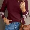 Best Dear-Lover Red Striped Sleeve Plain Knit Sweater Fiery Red