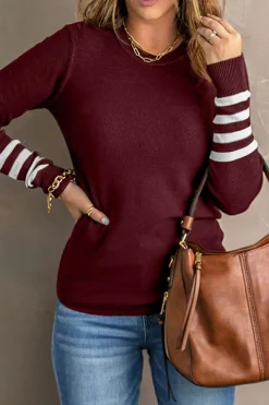 Best Dear-Lover Red Striped Sleeve Plain Knit Sweater Fiery Red