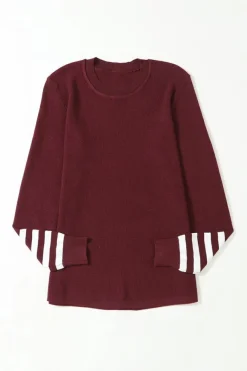 Best Dear-Lover Red Striped Sleeve Plain Knit Sweater Fiery Red