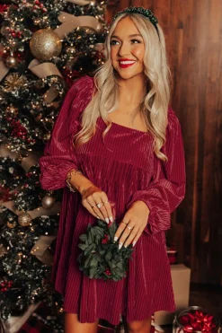 Sale Dear-Lover Red Tie Back Square Neck Velvet Babydoll Dress Fiery Red