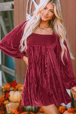 Sale Dear-Lover Red Tie Back Square Neck Velvet Babydoll Dress Fiery Red