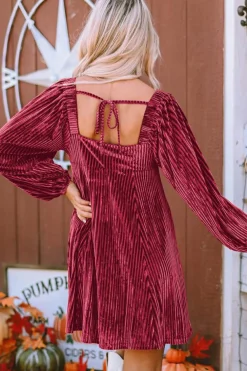 Sale Dear-Lover Red Tie Back Square Neck Velvet Babydoll Dress Fiery Red