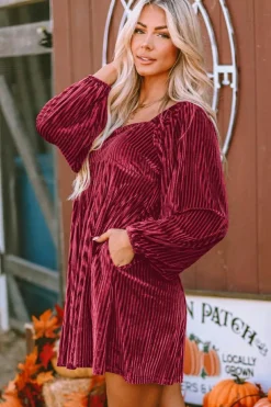 Sale Dear-Lover Red Tie Back Square Neck Velvet Babydoll Dress Fiery Red