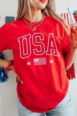 Hot Dear-Lover Red USA American Flag Print Crewneck T Shirt Red-2