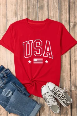 Hot Dear-Lover Red USA American Flag Print Crewneck T Shirt Red-2