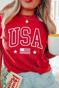 Hot Dear-Lover Red USA American Flag Print Crewneck T Shirt Red-2