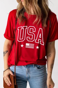 Hot Dear-Lover Red USA American Flag Print Crewneck T Shirt Red-2