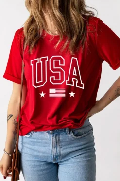 Hot Dear-Lover Red USA American Flag Print Crewneck T Shirt Red-2