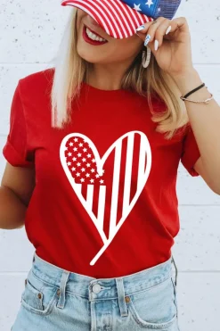 Sale Dear-Lover Red USA Flag Heart Shape Crewneck Graphic T Shirt Red-2