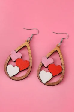 Outlet Dear-Lover Valentines 3 Hearts Insert Water Drop Earrings Red