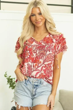 Discount Dear-Lover Vintage Floral Ruffle Sleeve V Neck Blouse Red