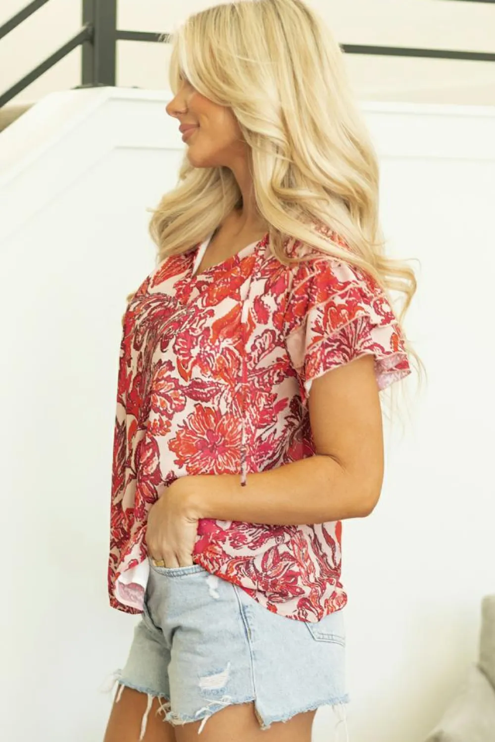 Discount Dear-Lover Vintage Floral Ruffle Sleeve V Neck Blouse Red