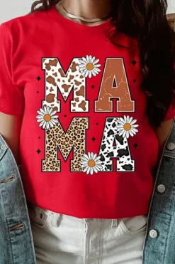 Discount Dear-Lover Red Western Animal Spots MAMA Letter Daisy Flower Printed Tee Red-2