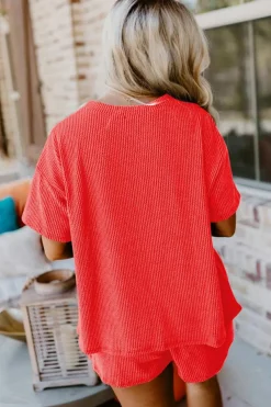 Sale Dear-Lover Ribbed Textured Knit Loose Fit Tee and Shorts Set Orange