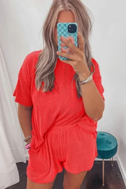Sale Dear-Lover Ribbed Textured Knit Loose Fit Tee and Shorts Set Orange