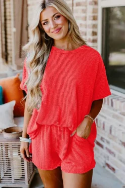 Sale Dear-Lover Ribbed Textured Knit Loose Fit Tee and Shorts Set Orange