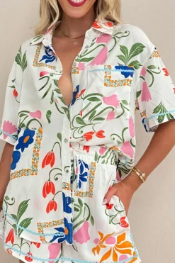 Sale Dear-Lover Ricrac Trim Floral Short Sleeve Shirt and Shorts Outfit Pink