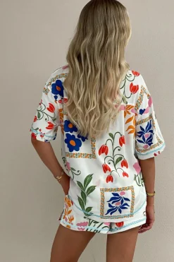 Sale Dear-Lover Ricrac Trim Floral Short Sleeve Shirt and Shorts Outfit Pink