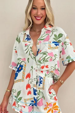 Sale Dear-Lover Ricrac Trim Floral Short Sleeve Shirt and Shorts Outfit Pink