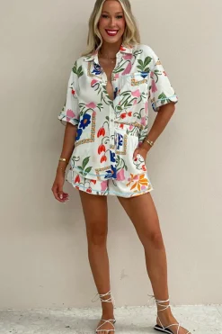 Sale Dear-Lover Ricrac Trim Floral Short Sleeve Shirt and Shorts Outfit Pink