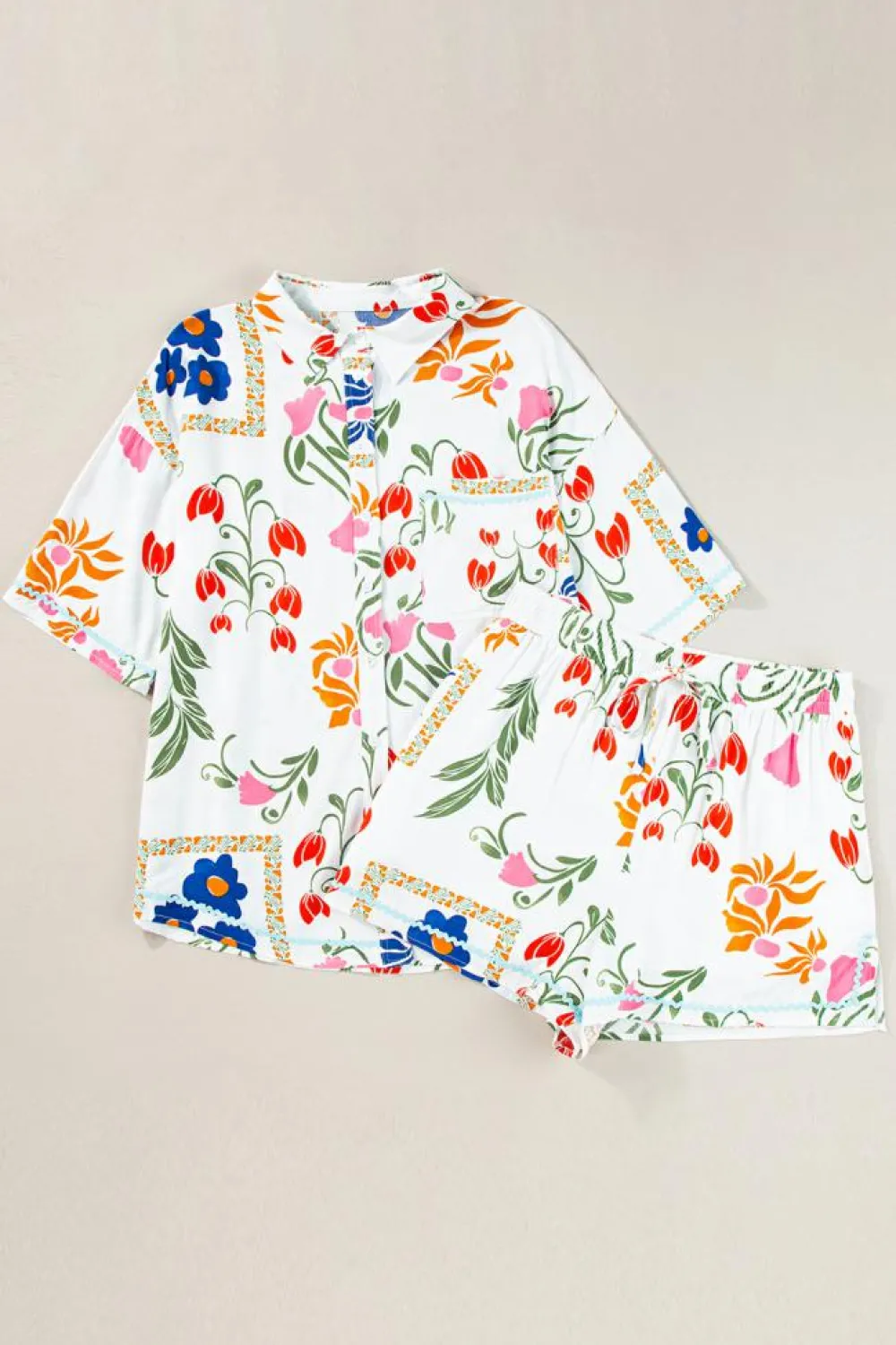 Sale Dear-Lover Ricrac Trim Floral Short Sleeve Shirt and Shorts Outfit Pink