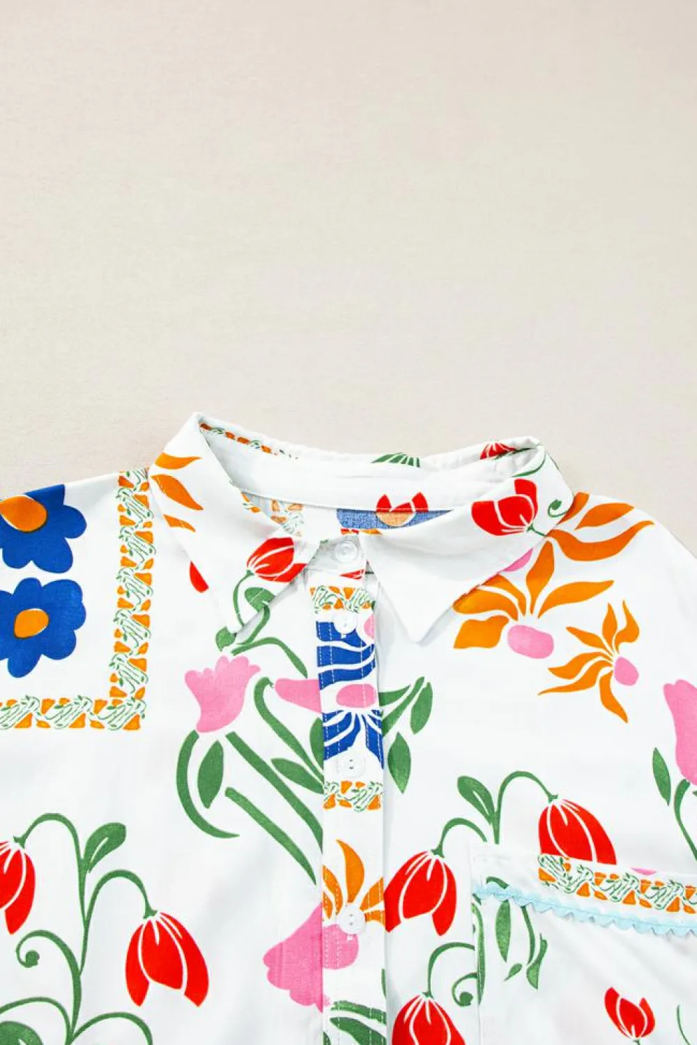 Sale Dear-Lover Ricrac Trim Floral Short Sleeve Shirt and Shorts Outfit Pink