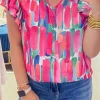 Clearance Dear-Lover Abstract Brush Print Ruffled Sleeve Frill V Neck Blouse Rose