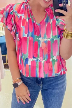 Clearance Dear-Lover Abstract Brush Print Ruffled Sleeve Frill V Neck Blouse Rose