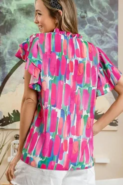 Clearance Dear-Lover Abstract Brush Print Ruffled Sleeve Frill V Neck Blouse Rose