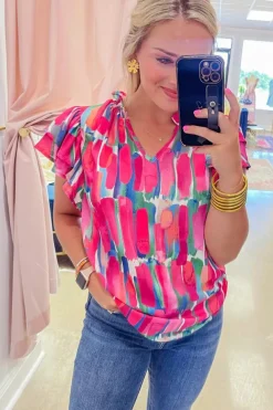 Clearance Dear-Lover Abstract Brush Print Ruffled Sleeve Frill V Neck Blouse Rose